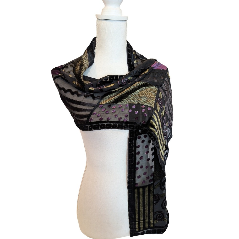 Devore Womens 100% Silk Burnout Velvet Scarf Wrap Purple Gold Floral Patchwork